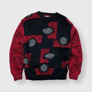 Vtg 80s 90s Saturdays Chunky Knit Abstract Sweater, Geometric AOP Acrylic S